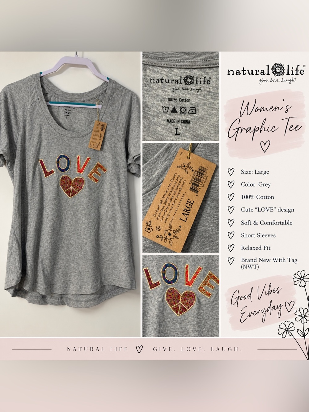 NATURAL LIFE Gray Short Sleeve Tee with Multicolor LOVE Applique